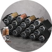 Étagère à épices en Bamboe pour armoires de cuisine et plan de travail, porte-épices avec 18 pots à épices et étiquettes, couvercle en aluminium (noir)