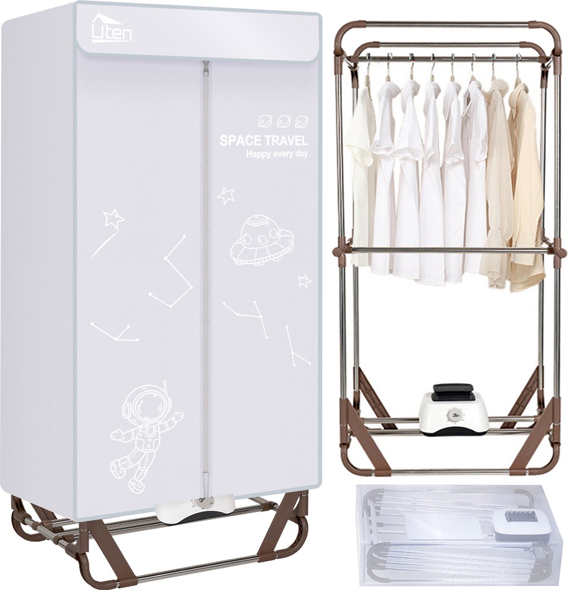 Uten Gr886 Draagbare Elektrische Wasdroger - Dubbellaags Design Droogrekken - Droogrek Inklapbaar Met Opbergtas - 1500 W - Timer 0-180 Min - 15 Kilo vulgewicht - Multi: Droger Wastoren Wasdroogrek Wasrek - Hoogte 1.7 Meter - Grijs