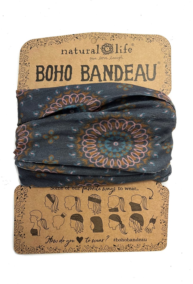 Boho Bandeau, all in one haarband en sjaaltje, Natural Life Lovely Scarfs, grijze haarband, brede sportband, grijs