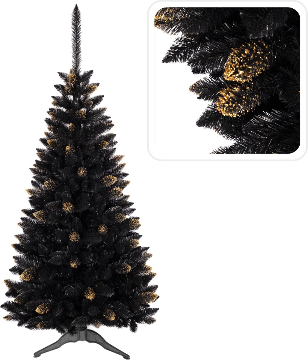 Zwart kunstkerstboom, Ghanese spar, PVC, goud, 90 cm