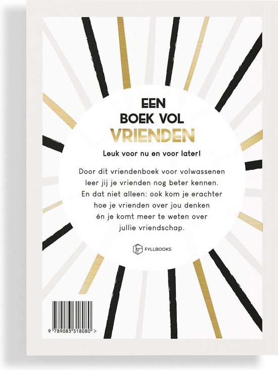 Achterkant van 'Een boek vol vrienden' met de subtitel 'Leuk voor nu en voor later!' en eenbarcode.