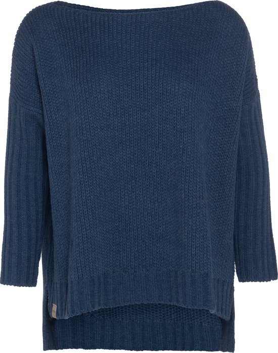 Knit Factory Kylie Gebreide Dames Trui - Trui dames winter - Pullover dames - lange mouw - Wintertrui - Damestrui - Boothals - Jeans - Donkerblauw - 36/44