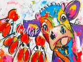 De koe en kippen | Vrolijk Schilderij | 120x90cm | Dikte 2 cm | Canvas schilderijen woonkamer | Wanddecoratie | Schilderij op canvas | Kunst | Corrie Leushuis