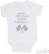 100% katoenen Romper "ssssstt Opa en ik kijken Formule 1" Unisex Katoen Wit/grijs Maat 62/68