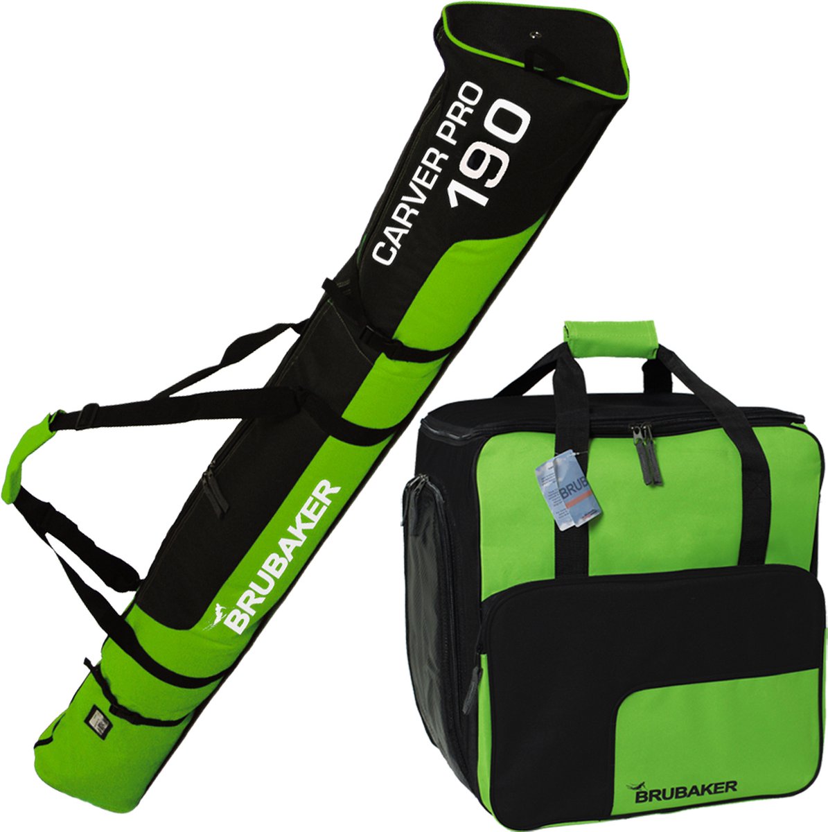 BRUBAKER Combi Set Skitas en Skischoen Tas voor 1 paar ski's tot 190 cm + stokken + schoenen + helm groen zwart