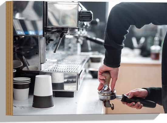 Hout - Koffiezetapparaat - Koffie - Drinken - Bekers - 40x30 cm - 9 mm dik - Foto op Hout (Met Ophangsysteem)
