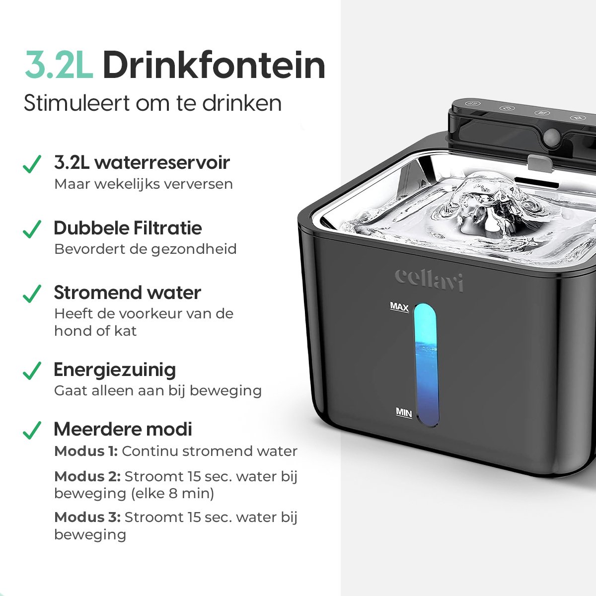 Cellavi S2A-X - Draadloze RVS Drinkfontein Kat met Sensor - Waterfontein Kat en Hond met 3 Standen - Kattenfontein 3.2L - Fluisterstil thumbnail 4