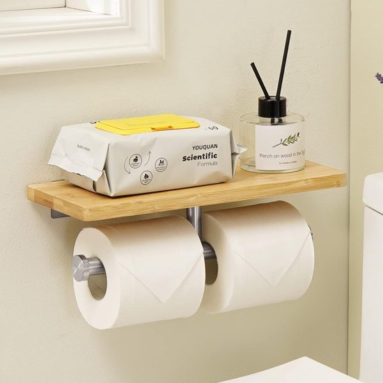 Porte-rouleau Papier Toilette Avec étagère - En Bambou Et Acier, Montage Sans Perçage Ou Avec Vis - Pour Salle De Bain, Cuisine - Design Moderne
