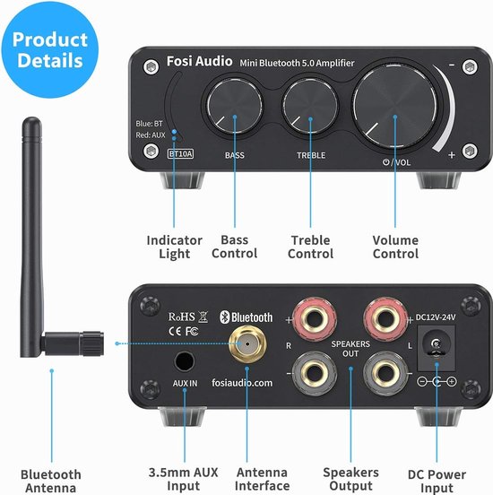 Fosi Audio - BT10A - Bluetooth 5.0 - Stereo Versterker - 2 Kanaals Klasse D - 50W x 2 TPA3116