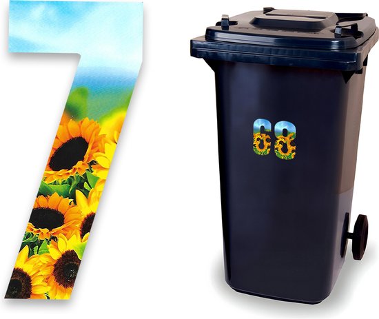 Zwarte kliko met het huisnummer 68, versierd met zonnebloemen. Naast de kliko staat het cijfer 7, met een zonnebloemmotief.