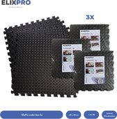 ElixPro Ondervloer | 3 verpakkingen van 6 tegels - Zwembadtegels - Ondergrond tegels - Fitnesstegels - Vloertegels - Foam tegels - 40x40CM - 1CM dik - Inclusief 12 randen - Zwart