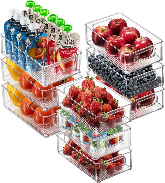 Foto: Tidyhome koelkast organizer set van 9 stuks koelkast bakjes opbergbak lade organizer 3 verschillende afmetingen lade verdeler bewaarbakjes stapelbaar bpa vrij