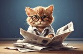 Kat met Krant Poster - Kat - Poes - Dieren - Grappige - posters - formaat 90x60cm - Wanddecoratie - 1068MT
