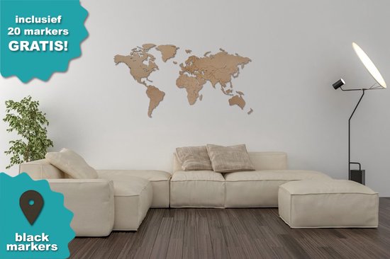 Houten Wereldkaart BUDGET - Marker pins - 140 x 75 CM - Eenvoudige montage