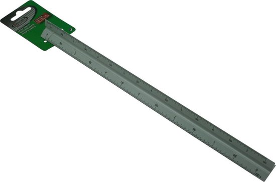 Grijze Hofftech aluminium schaal liniaal met verschillende schalen op de zijkanten, verpakt op groen karton.