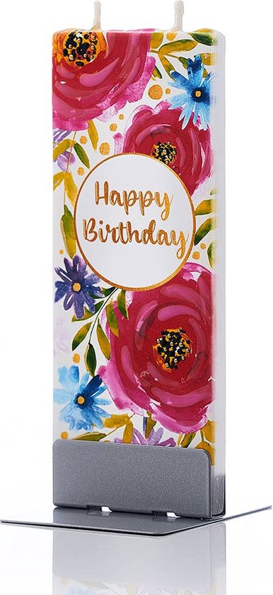 Platte handgemaakte kaars - Happy Birthday With Floral Print - Handgeschilderd - Zelfdovend