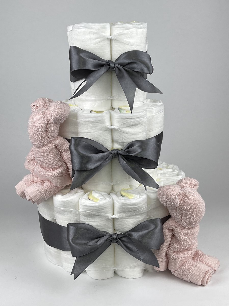 Goedkoopste Chouette-Chouette | Luiertaart Meisje | Kraamcadeau | Geboorte Meisje | Babyshower | Beren Blush roze - donker Grijs