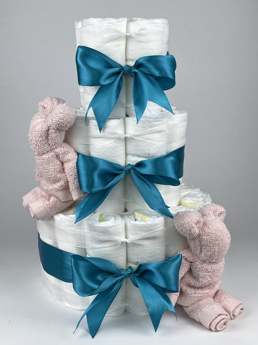 Chouette-Chouette | Luiertaart Meisje | Kraamcadeau | Geboorte Meisje | Babyshower | Beren Blush roze - Petrol