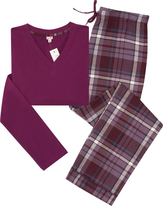 La-V pyjama sets voor dames met geruite flanel broek Aubergine XXL (Valt klein)