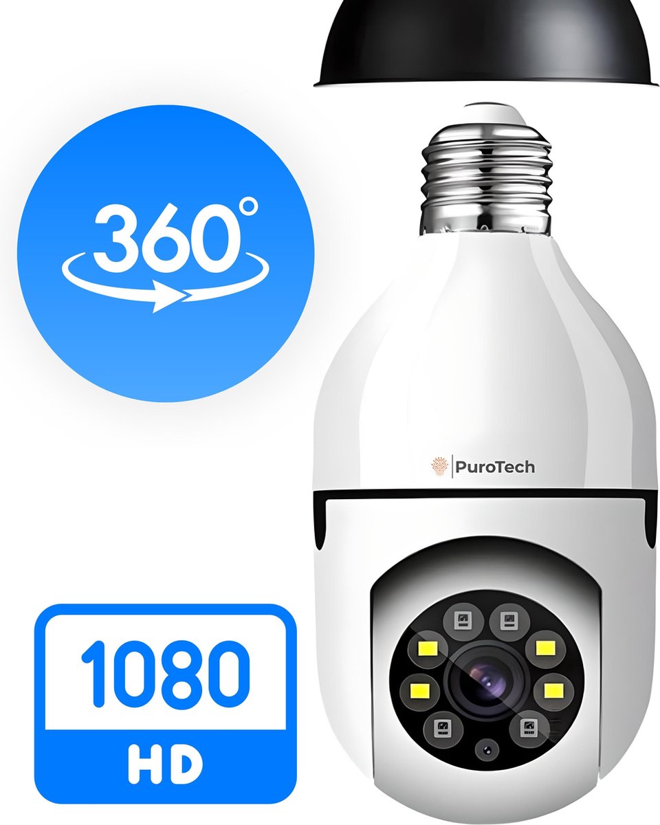 PuroTech Beveiligingscamera - IP Camera - E27 Dikke Fitting- Spy Camera - 2-Weg Audio - Beweeg en Geluidsdetectie - Nachtvisie - Draadloos - Huisdiercamera - Opslag in Cloud & App - Lamp Camera - 360 graden Panoramisch