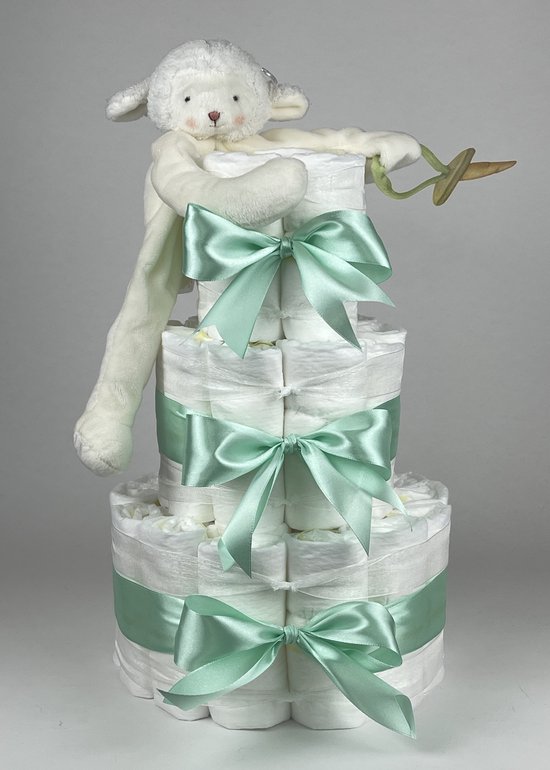 Foto: Chouette chouette luiertaart neutraal kraamcadeau geboorte jongen meisje babyshower bunnies by the bay speenknuffel lammetje groen