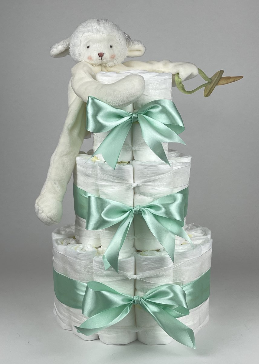 Chouette-Chouette | Luiertaart Neutraal | Kraamcadeau | Geboorte Jongen Meisje | Babyshower | Bunnies By The Bay Speenknuffel Lammetje Groen