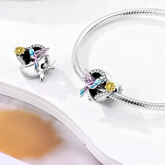Fler® | Charme pour Bracelet Pandora | Colibri, Charme Colibri | Charme suspendu Charm | Argent sterling 925 | Zircone cubique transparente | Émail violet, bleu et jaune | Multicolore | Bracelet Perle | Amitié, cadeau d'anniversaire, cadeau, cadeau