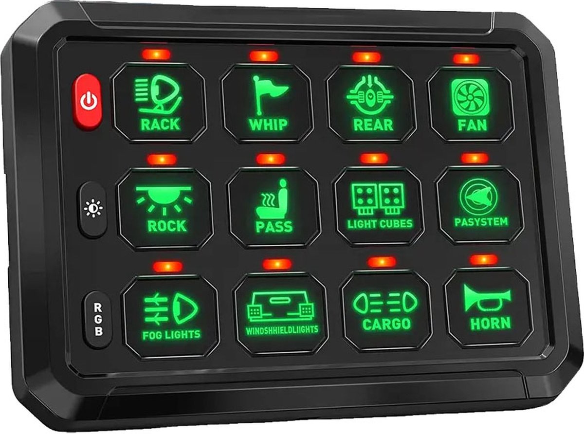 Schakelpaneel RGB 12-voudig - 12-24V - 7-Kleuren RGB - programmeerbaar - Zwart - Voor Auto, Boot, Camper & Vrachtwagen
