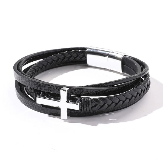 Bracelet en cuir avec croix - Zwart avec croix en acier - 23cm - Bracelet  Homme -... | bol