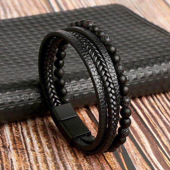 Fako Bijoux® - Bracelet Cuir - Cuir - Perles - Homme - Femme - Set - Fermoir Magnétique - 21cm - Zwart