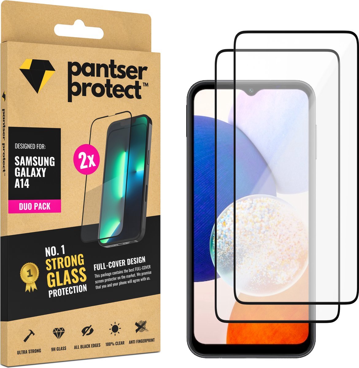 DUO-PACK - 2x Pantser Protect™ Glass Screenprotector Geschikt voor Samsung Galaxy A14 - Case Friendly & Full Cover - Premium Pantserglas - Glazen Screen Protector