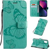 Hoesje Vlinders Groen - Geschikt voor Apple iPhone 13 / 14 - Portemonnee Book Case - Boekje Met Kaarthouder / Pasjeshouder en Magneetsluiting - Booklet Beschermhoes - Boekhoesje met Draagkoord