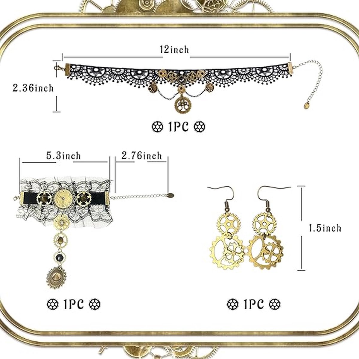 Set D'Accessoires Steampunk Gothique Pour Femme - Collier Choker, Bracelet, Boucles D'Oreilles - Pour Costume Halloween, Carnaval, Cosplay - 4