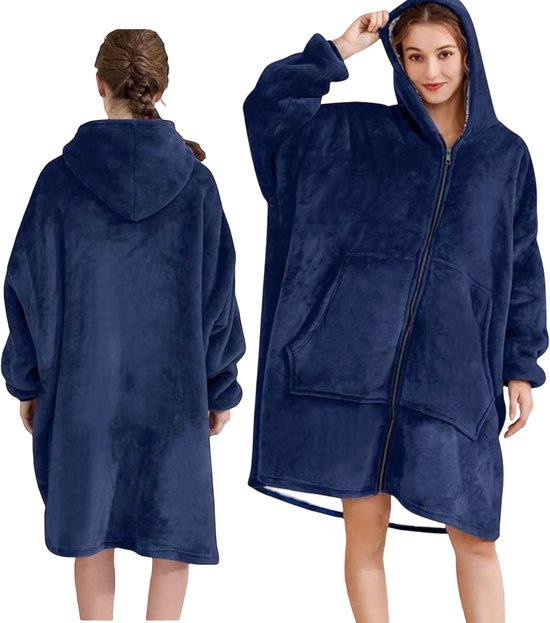 Couverture à capuche XXL - bleu indigo - couverture à manches - bleue avec fermeture éclair - surdimensionnée - super douce