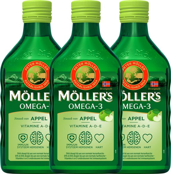 Möller’s Omega-3 Levertraan Appel - 3 x 250ml - Omega-3 visolie – Levertraan vloeibaar – Levertraan met smaak van appel