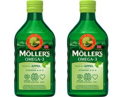 Möller’s Omega-3 Levertraan Appel - 2 x 250ml - Omega-3 visolie – Levertraan vloeibaar – Levertraan met smaak van appel