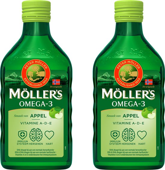 Twee flessen Möller's Omega-3 Appel smaak met logo en appelillustratie