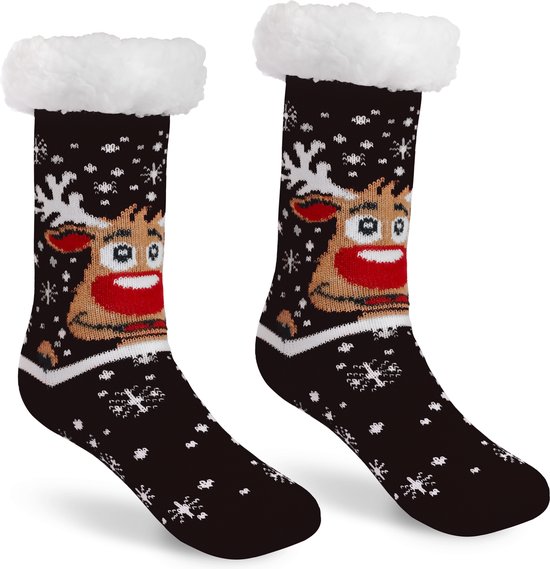 JAP Kerstsokken met anti slip - Rudolf het rendier huissokken - Warme, dikke en fluffy winter sokken - Dames en heren bedsokken - Maat 30-35 Slofsokken