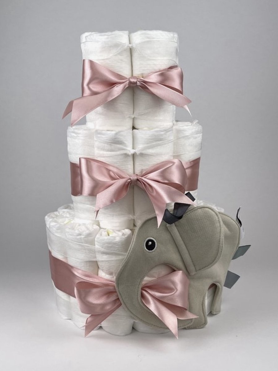 Chouette-Chouette | Luiertaart Meisje | Kraamcadeau | Geboorte Meisje | Babyshower | Knuffeldoek Olifant Ollie Cream - donker Poeder Roze