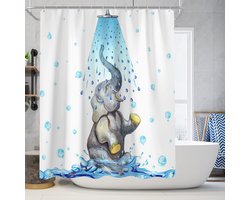 foto van Floraweg Douchegordijn,Shower Curtain,badgordijn,badkamergordijn,Gelukkige badende olifant ,-topkwaliteit - digitale printen -Anti Schimmel - Inclusief 12 ringen -met 12 stuks douchegordijnhaken – Waterdicht -Wasbaar- Polyester - 180x200 cm