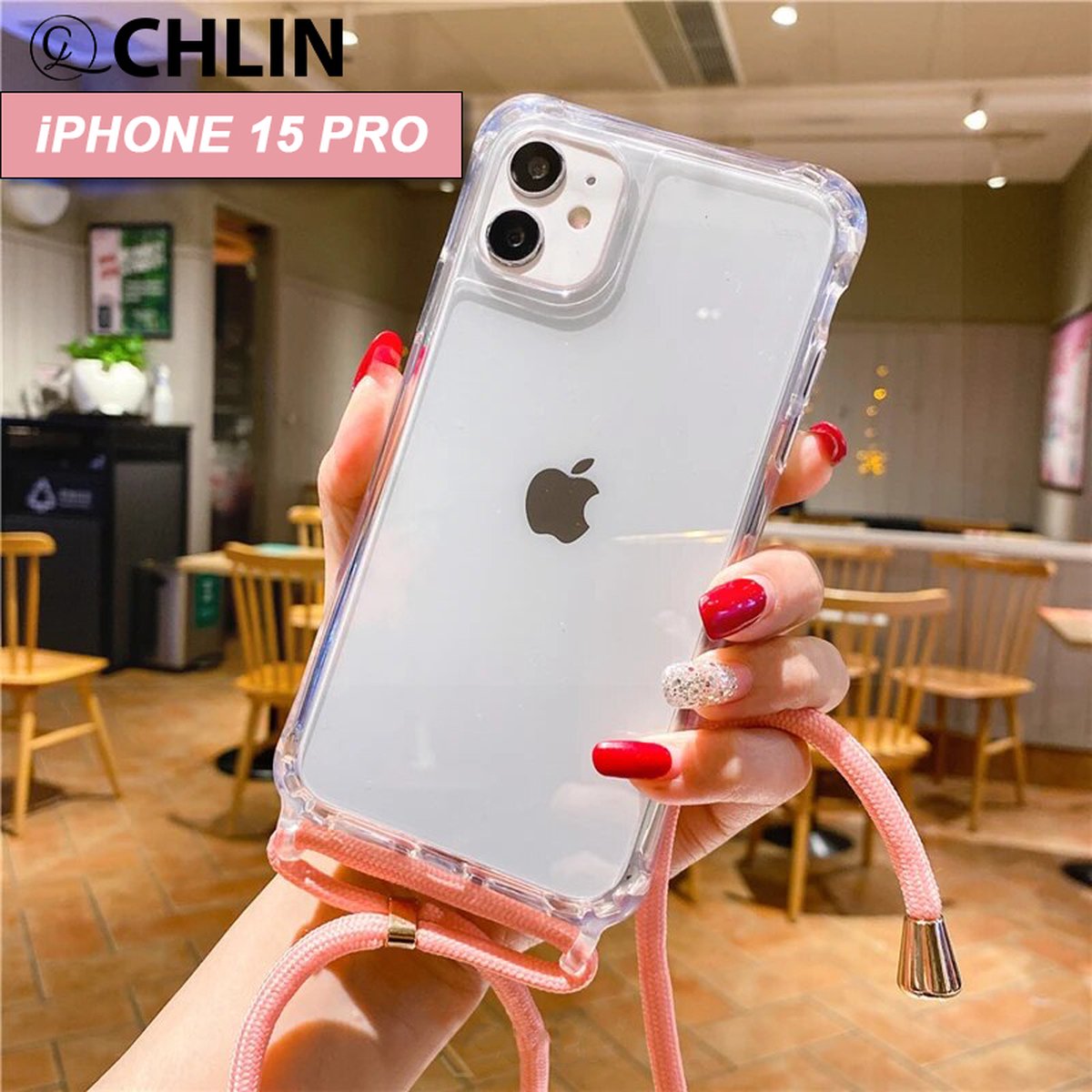 CL CHLIN® - iPhone 15 Pro transparant hoesje met ROZE koord - Hoesje met koord iPhone 15 Pro - iPhone 15 Pro case - iPhone 15 Pro hoes - iPhone hoesje met cord - iPhone 15 Pro bescherming - iPhone 15 Pro protector.