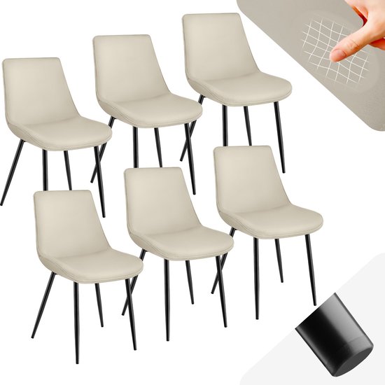 tectake® eetkamerstoelen set van 6 - fluwelen gestoffeerde stoelen met rugleuning - ergonomische woonkamerstoel met gevoerde fluwelen zitting - comfortabele keukenstoel - zwarte metalen poten - creme