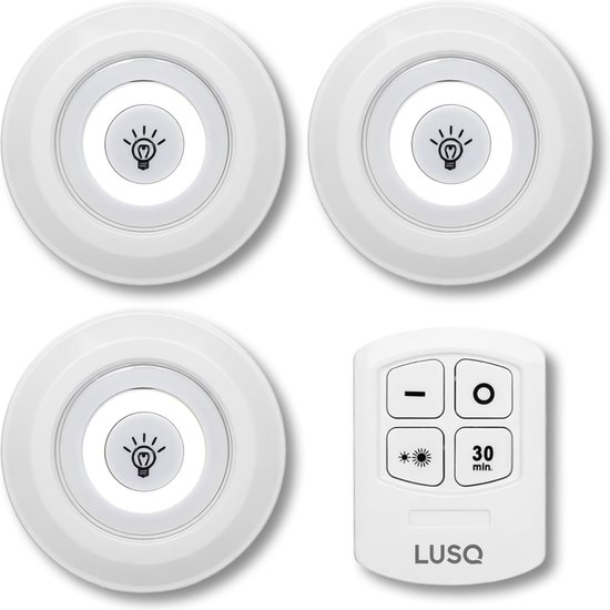 LUSQ® LED Lampen - 3 Stuks - Druklampen - Dimbaar - Afstandsbediening - Zelfklevend - LED Licht - Draadloos