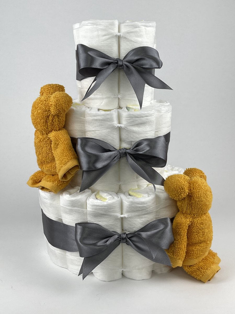 Goedkoopste Chouette-Chouette | Luiertaart Neutraal | Kraamcadeau | Geboorte Jongen Meisje | Babyshower | Beren Oker - donker Grijs