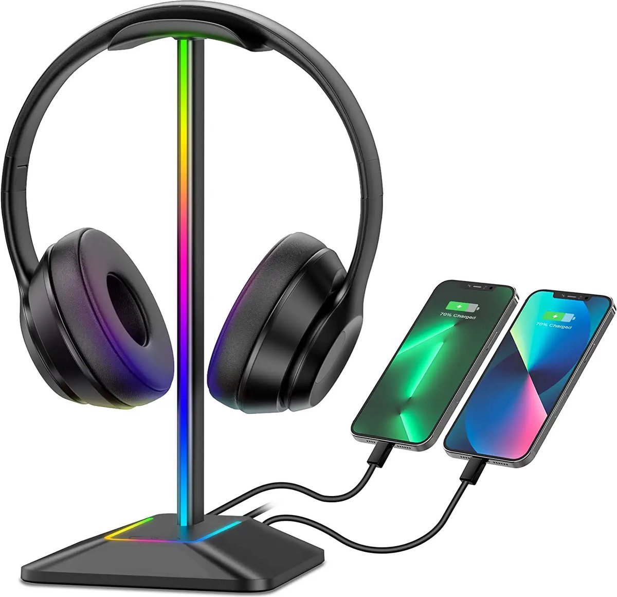 RGB Gaming Koptelefoon Standaard - 1xUSB-C & 1xUSB Poorten - 7 Verlichtingmodi - Aluminium + TPU - Universeel - Merkloos