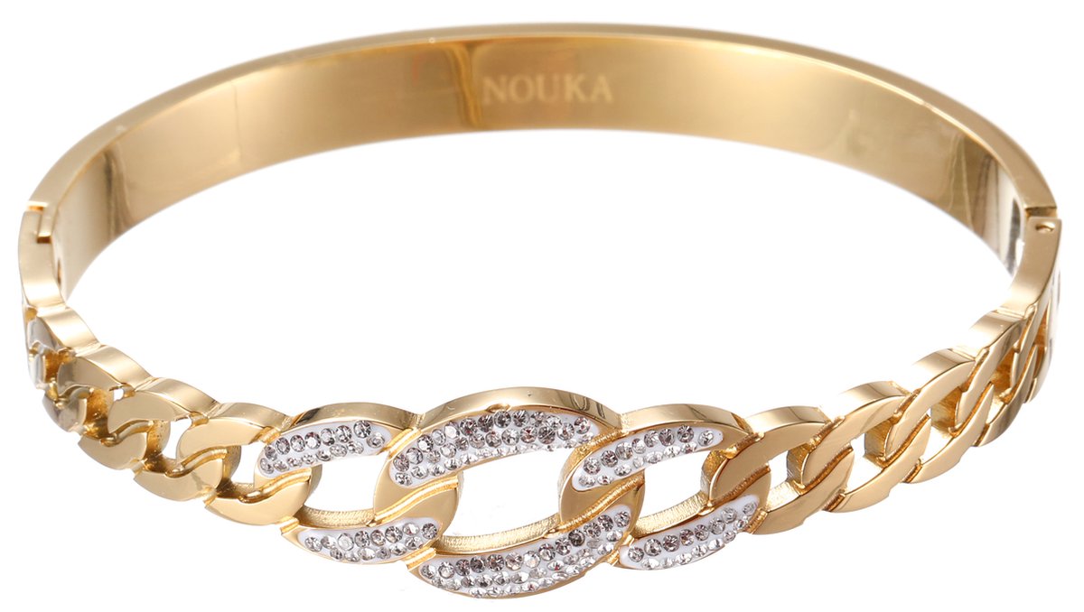 Nouka Dames Armband – Goud Gekleurde Bangle met Grove Schakel en Crystal Steentjes - Stainless Steel – Cadeau voor Vrouwen