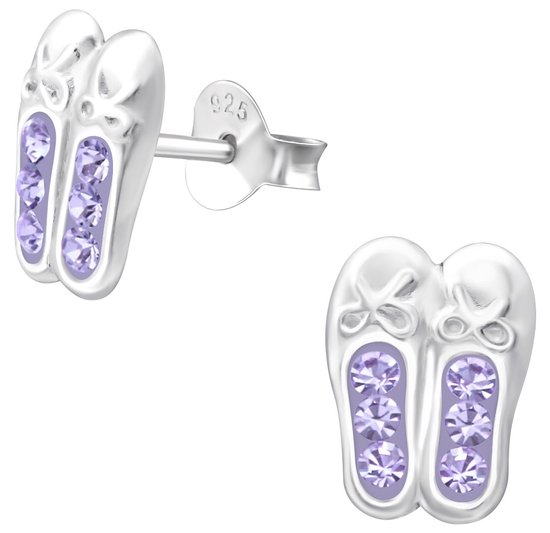 Joy|S - Zilveren ballet ballerina schoentjes oorbellen - kristal paars - 7 x 9 mm - danseres oorknoppen
