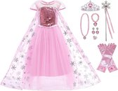 Prinsessenjurk meisje - Elsa jurk -Prinsessen speelgoed - Het Betere Merk - maat 110/116 (120) - Tiara - Kroon - Juwelen - Handschoenen - Toverstaf - Verkleedkleren Meisje - Prinsessen Verkleedkleding - Carnavalskleding Kinderen - Roze