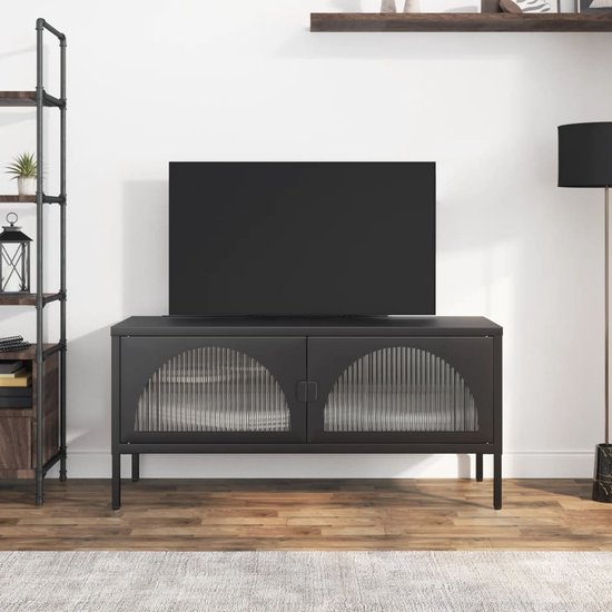 Meuble TV noir avec portes vitrées, avec TV, dans un salon moderne.