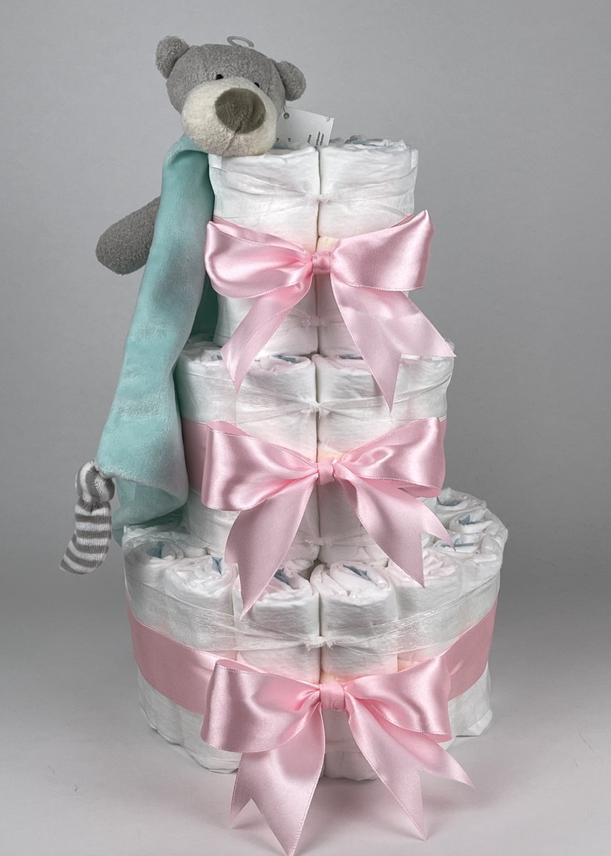Chouette-Chouette | Luiertaart Meisje | Kraamcadeau | Geboorte Meisje | Babyshower | Knuffeldoek Beer Mint groen - Roze